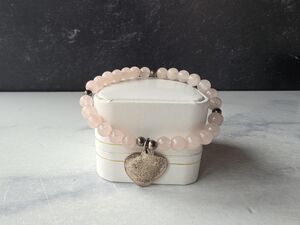 Avon 925 Sterling Silver Rose Quartz Beaded Heart Charm Bracelet Vintage READ